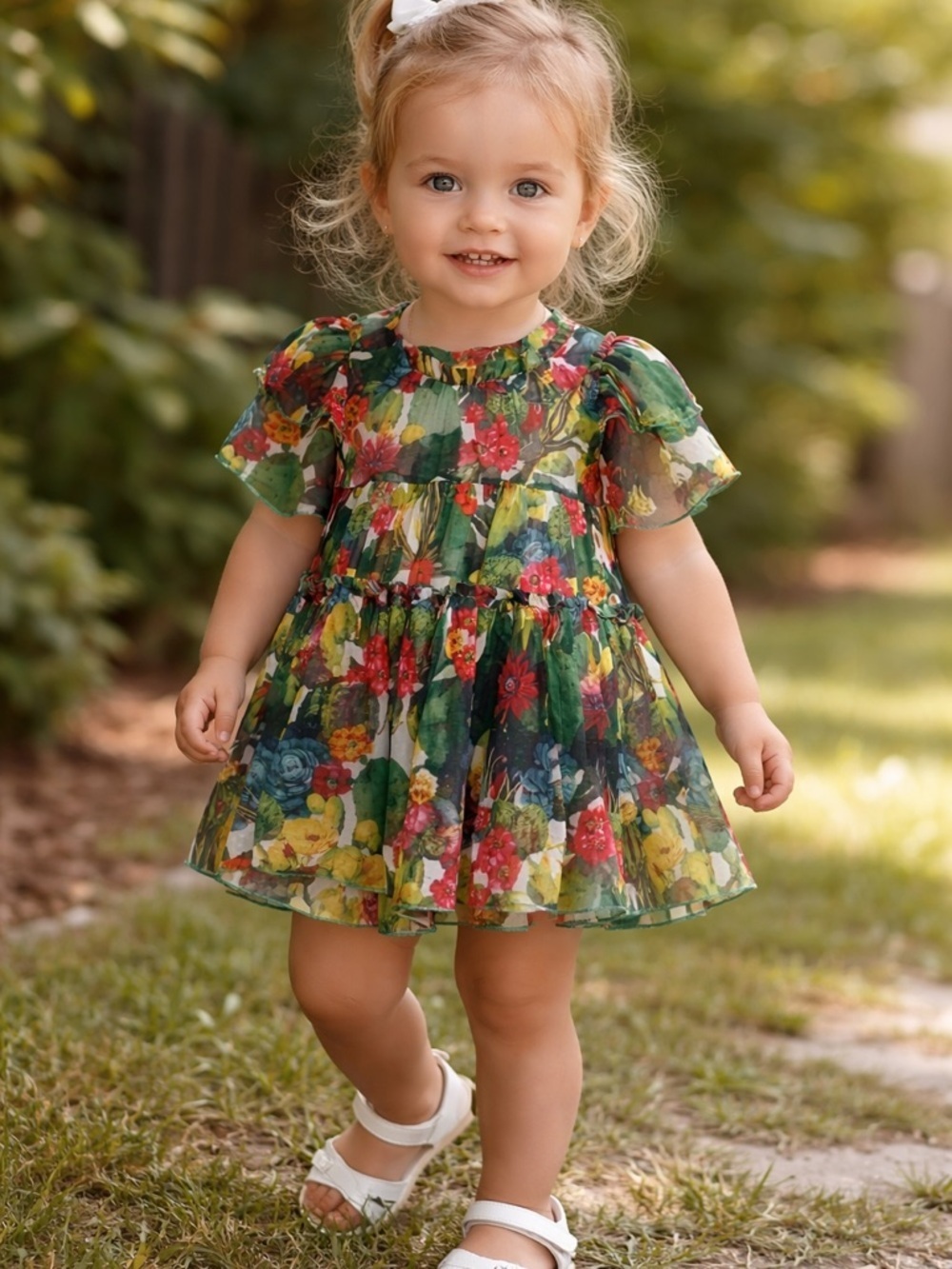 Girls Floral Dress Green Multicolor Sheer Ruffle Party Easter Spring Toddler